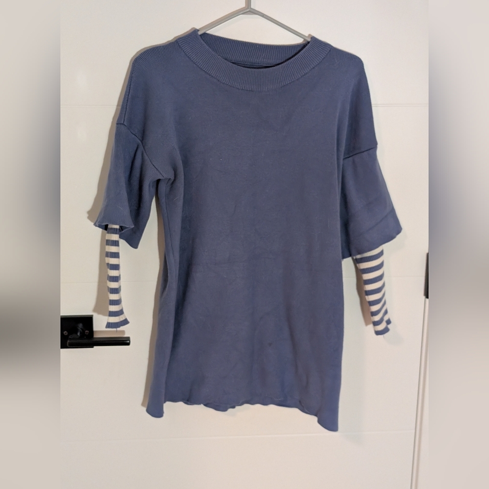 Layered Light Blue Sweater Over Stripe Sleeve Top | Est. M/L